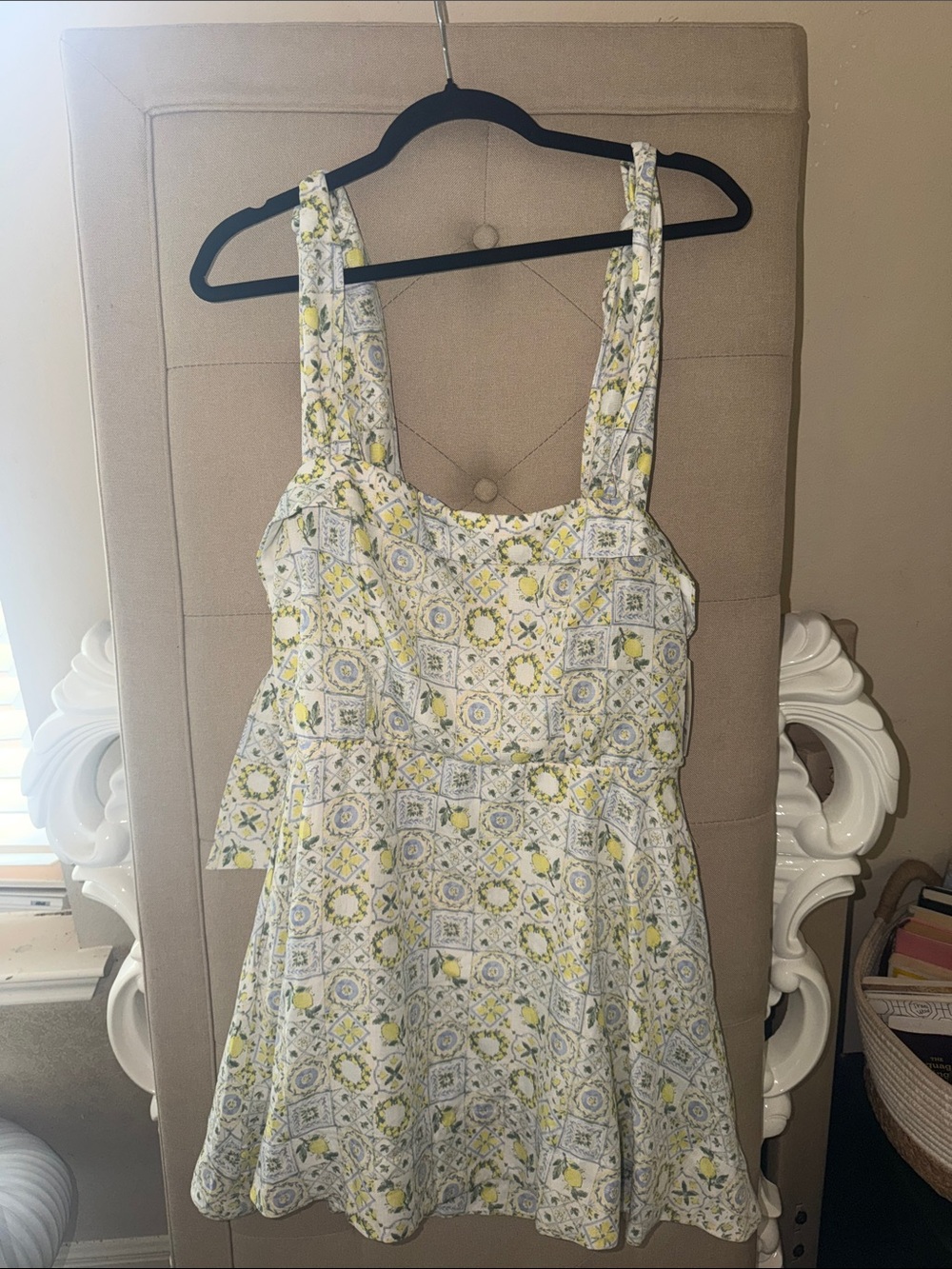 Francesca's Collections White and Yellow Tile-Print Mini Sundress